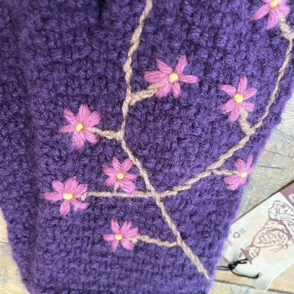 Andes Gifts Han-Knit Fingerless Gloves Purple Floral Embroidery NWT
